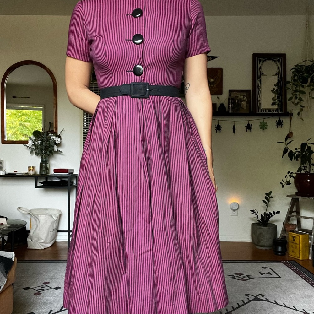 1950’s Mode O’Day Burgundy/Wine and Black Stripe button shirt dress.